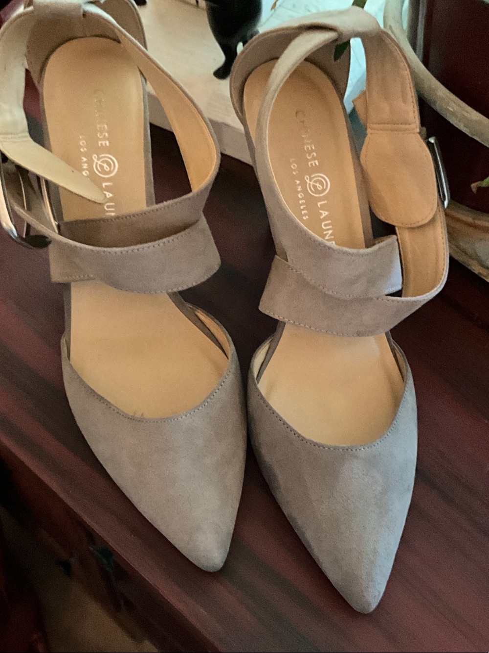 Pointed Toe Ankle Strap Suede Pumps in Taupe - Picture 9 of 9